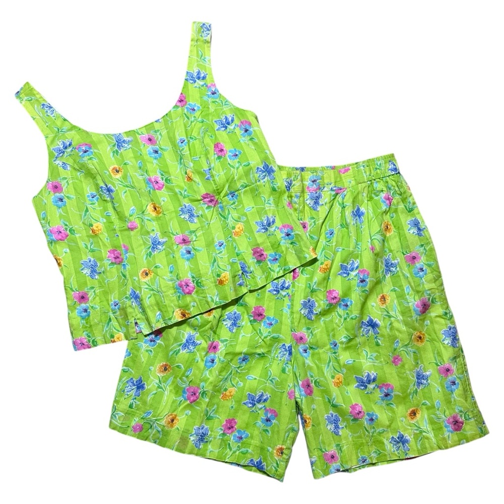 Vintage Ciel Bleu Bright Green Striped Floral Cotton Pajama Set, Large